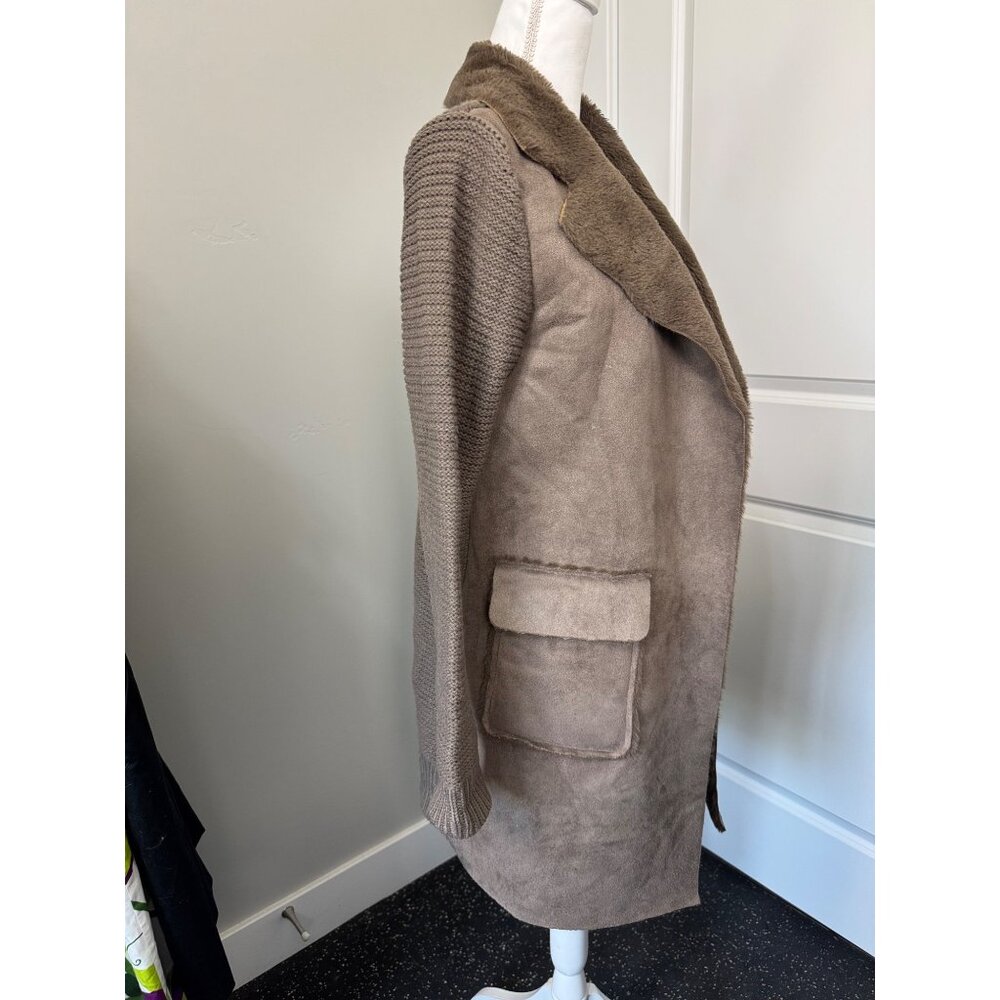Anthropologie Womens M Taupe Faux Suede & Knit Long Coat W/Faux Shearling Collar - Picture 5 of 13